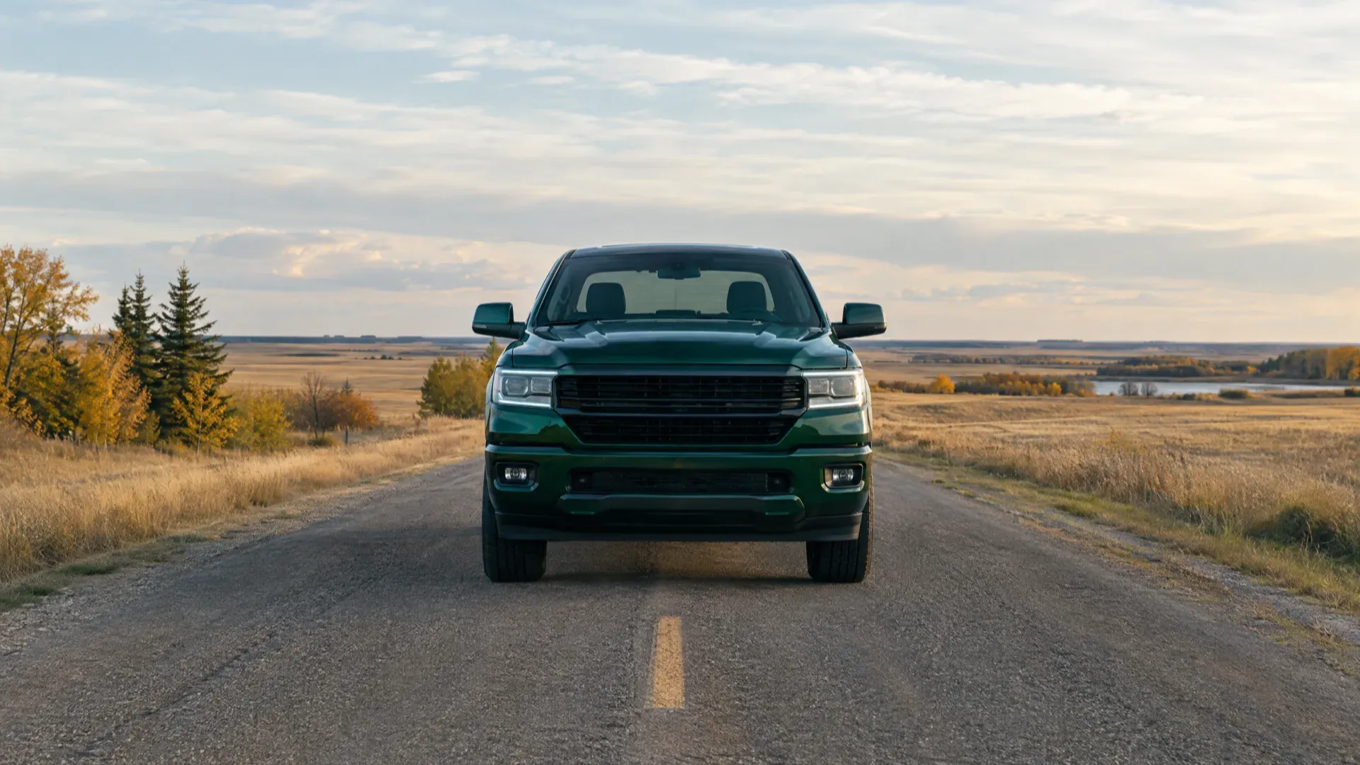 Green pickup truck on a straight prairie road through golden autumn fields under a wide sky