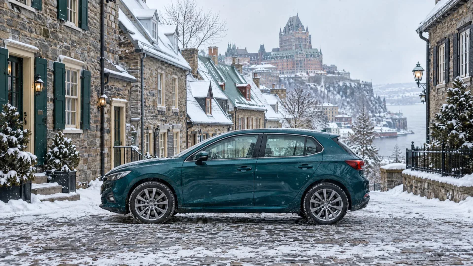 Teal hatchback parked on a snowy cobblestone street lined with stone houses in Old Quebec, with the Château Frontenac in the background