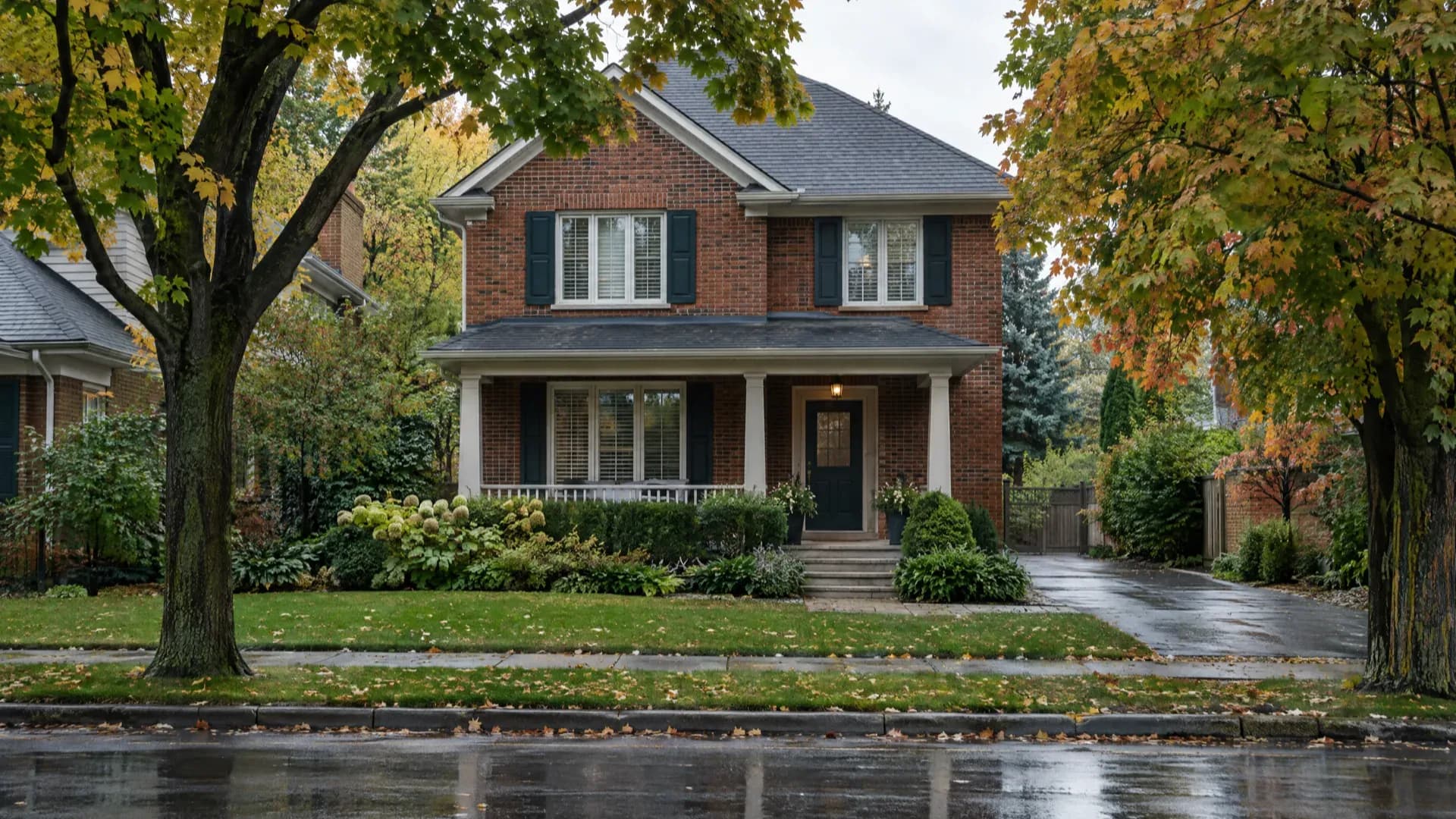 Red-brick two-storey house with a covered front porch on a tree-lined street in autumn after rain