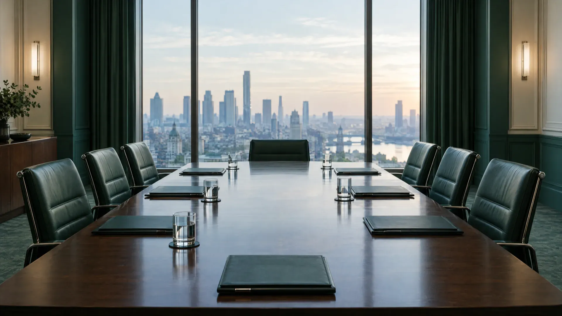An empty boardroom with green leather chairs, closed folders and glasses of water facing tall windows over a city skyline