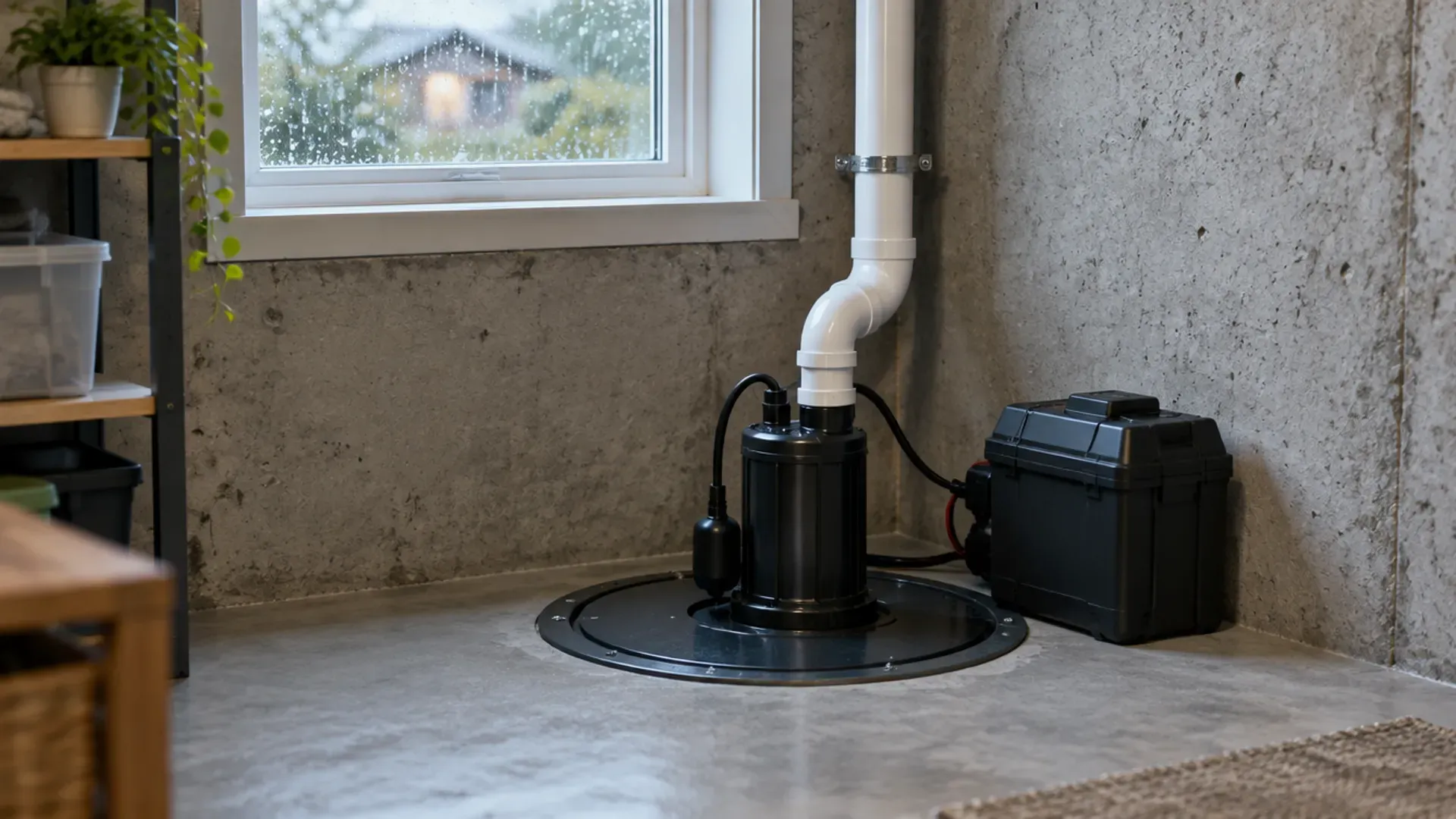 Sump pump in a sealed basin beside a concrete basement wall, with a battery backup unit and a white drain pipe, rain on the small window above