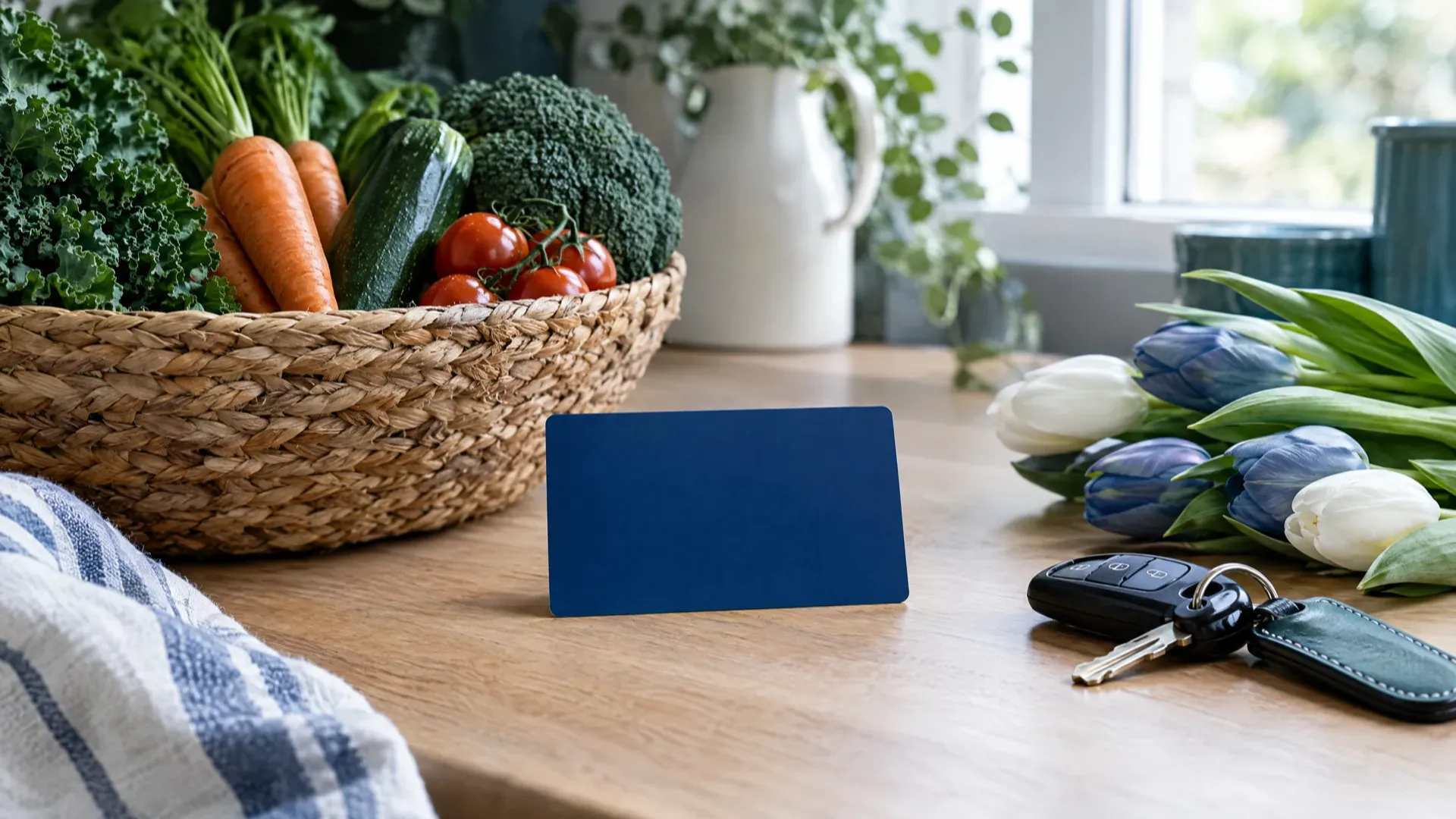 A plain blue credit card on a kitchen counter next to a basket of fresh vegetables, tulips, and car keys