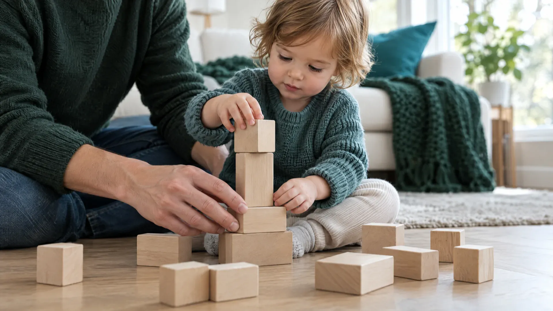 A toddler in a green sweater stacks plain wooden blocks on a light wooden floor while a parent's hand helps, in a bright living room