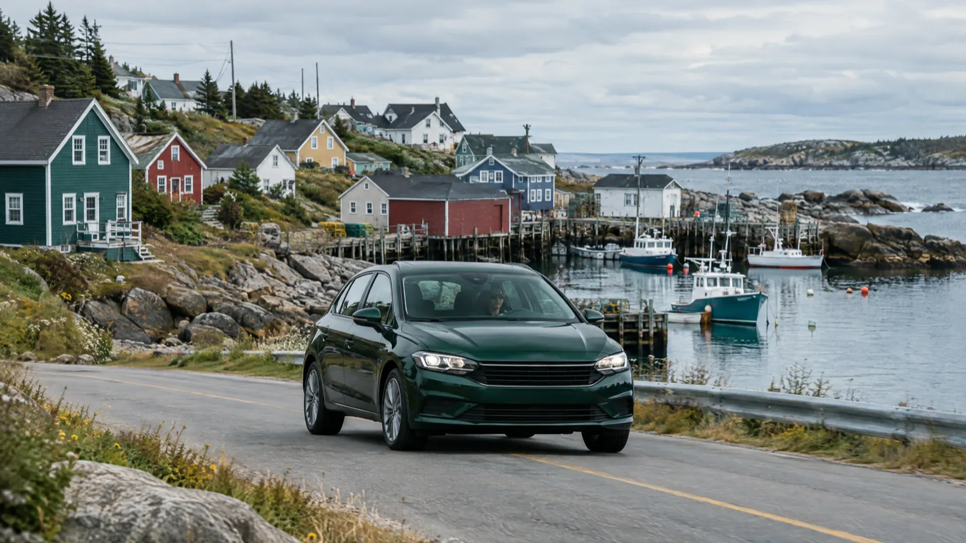 Dark green hatchback on a coastal road past colourful wooden houses and a small fishing harbour in Atlantic Canada