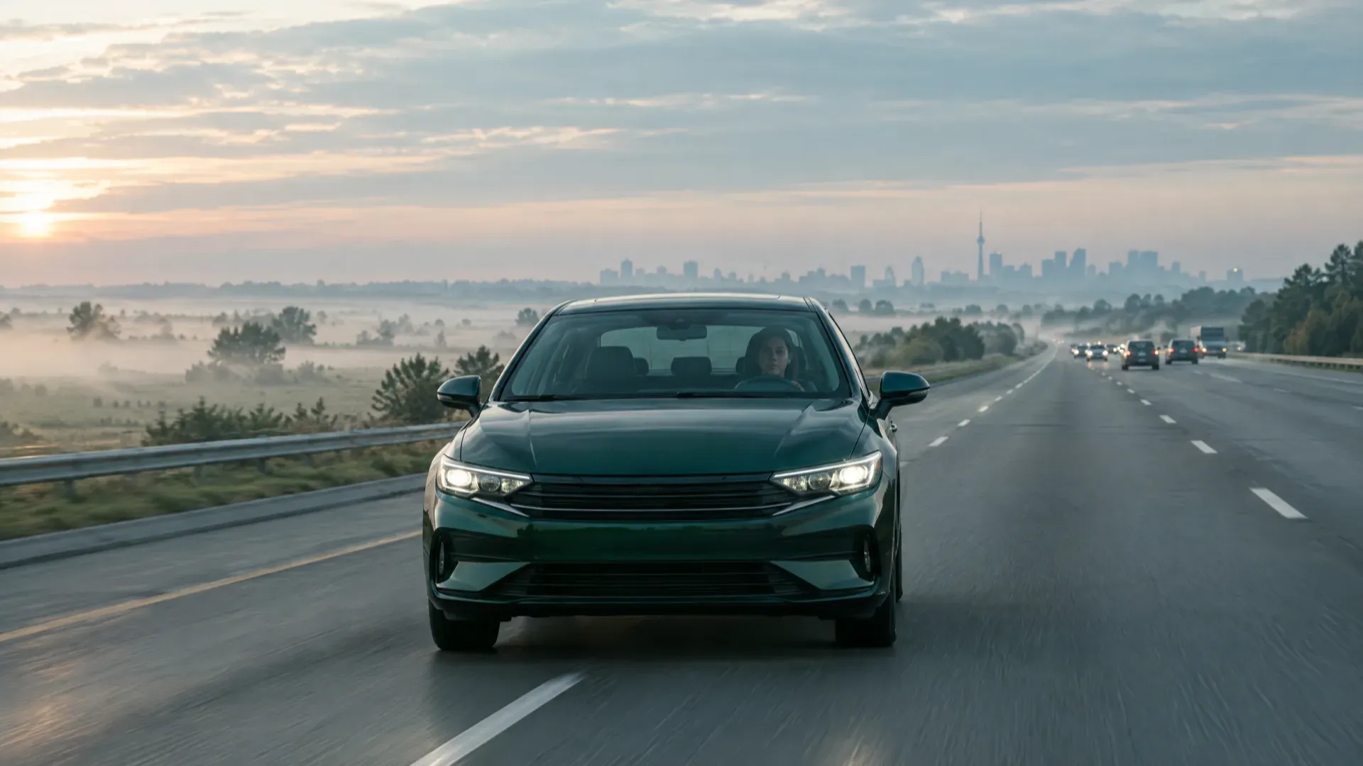Dark green sedan driving on a multi-lane highway at sunrise, with mist over fields and a city skyline in the distance