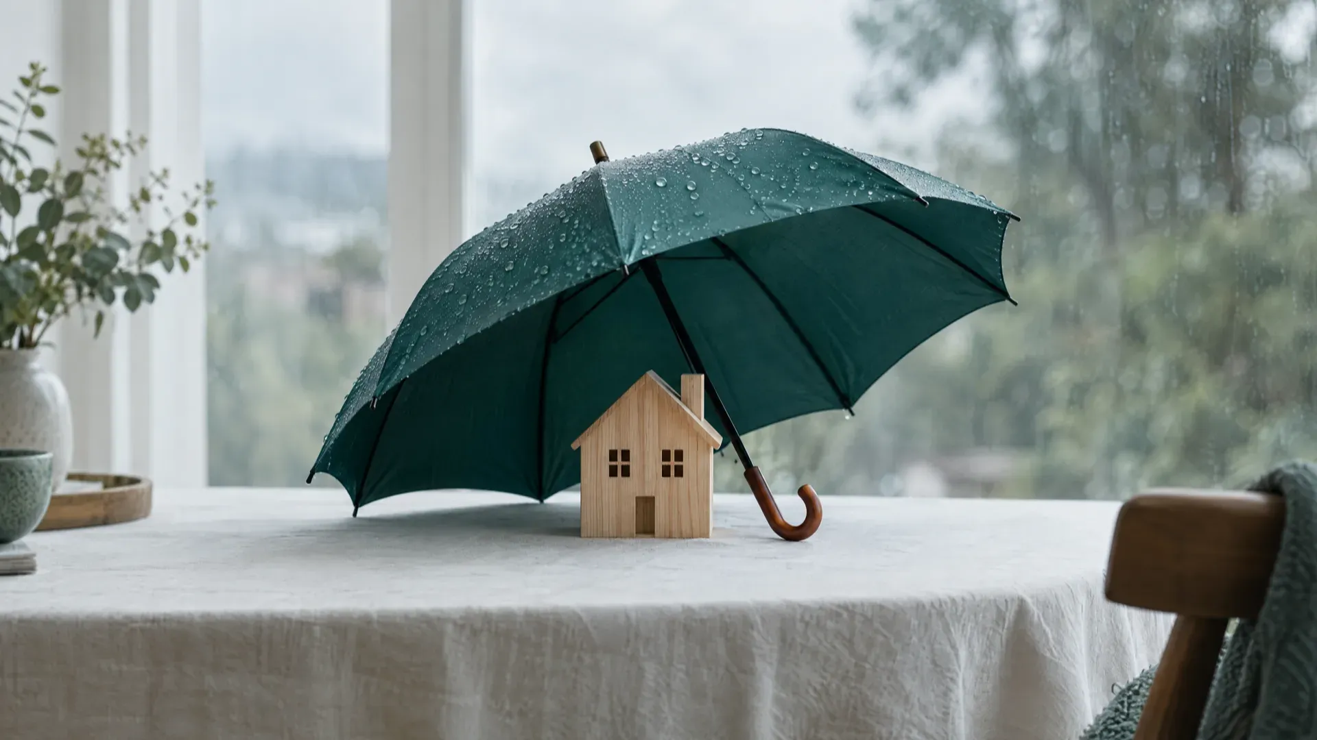 Small wooden house sheltered under an open dark teal umbrella covered in raindrops on a linen-covered table