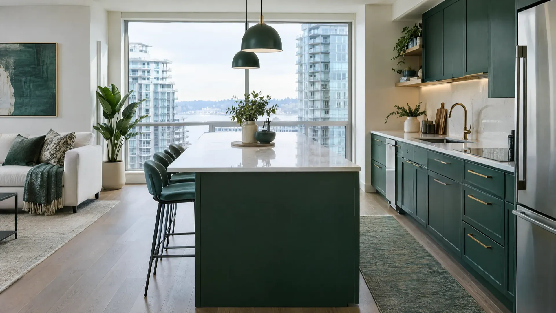 Renovated condo kitchen with a green island, quartz countertop and a window overlooking residential towers