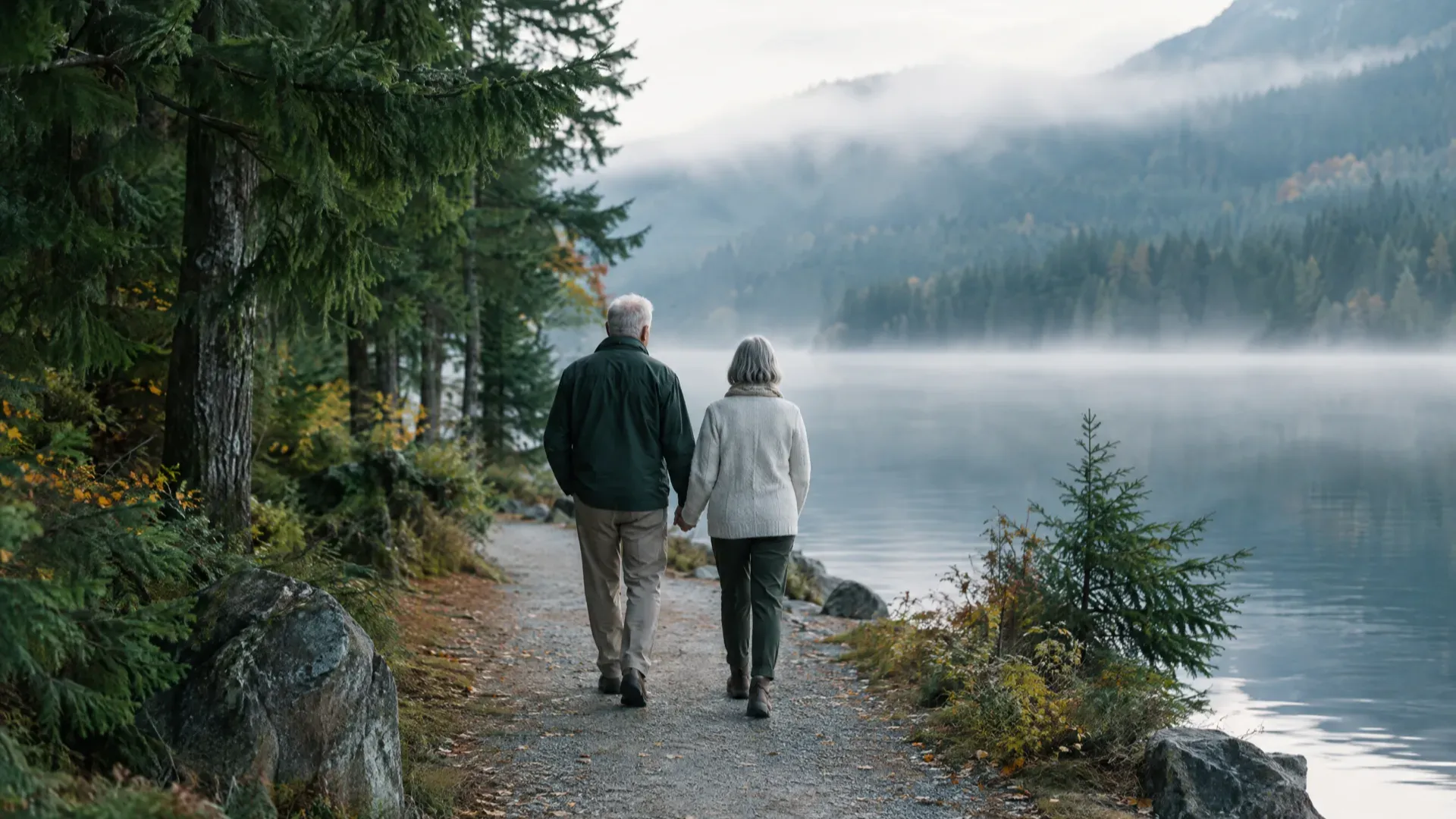 A retired couple walking hand in hand along a misty lakeside path lined with evergreen trees in early autumn