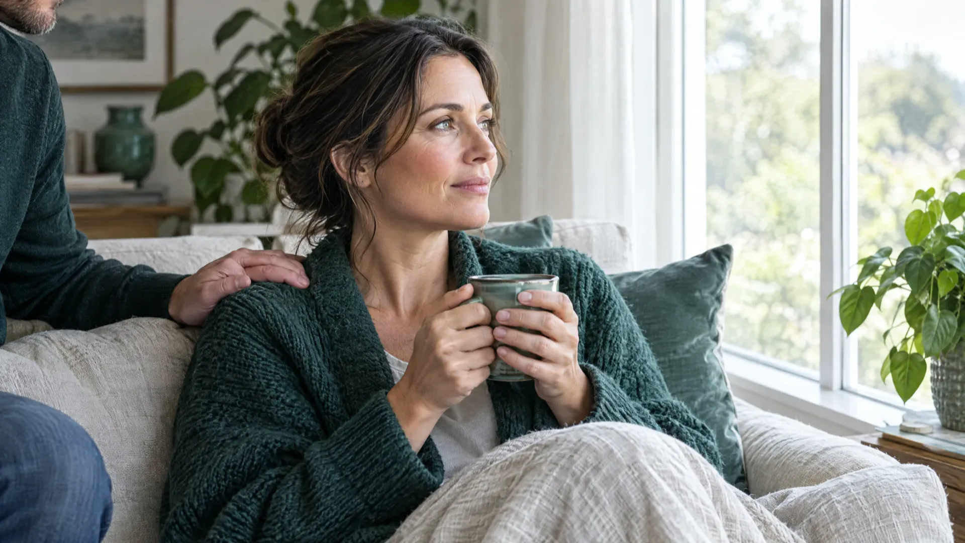 A woman wrapped in a green cardigan holds a mug by a bright window while a partner rests a hand on her shoulder
