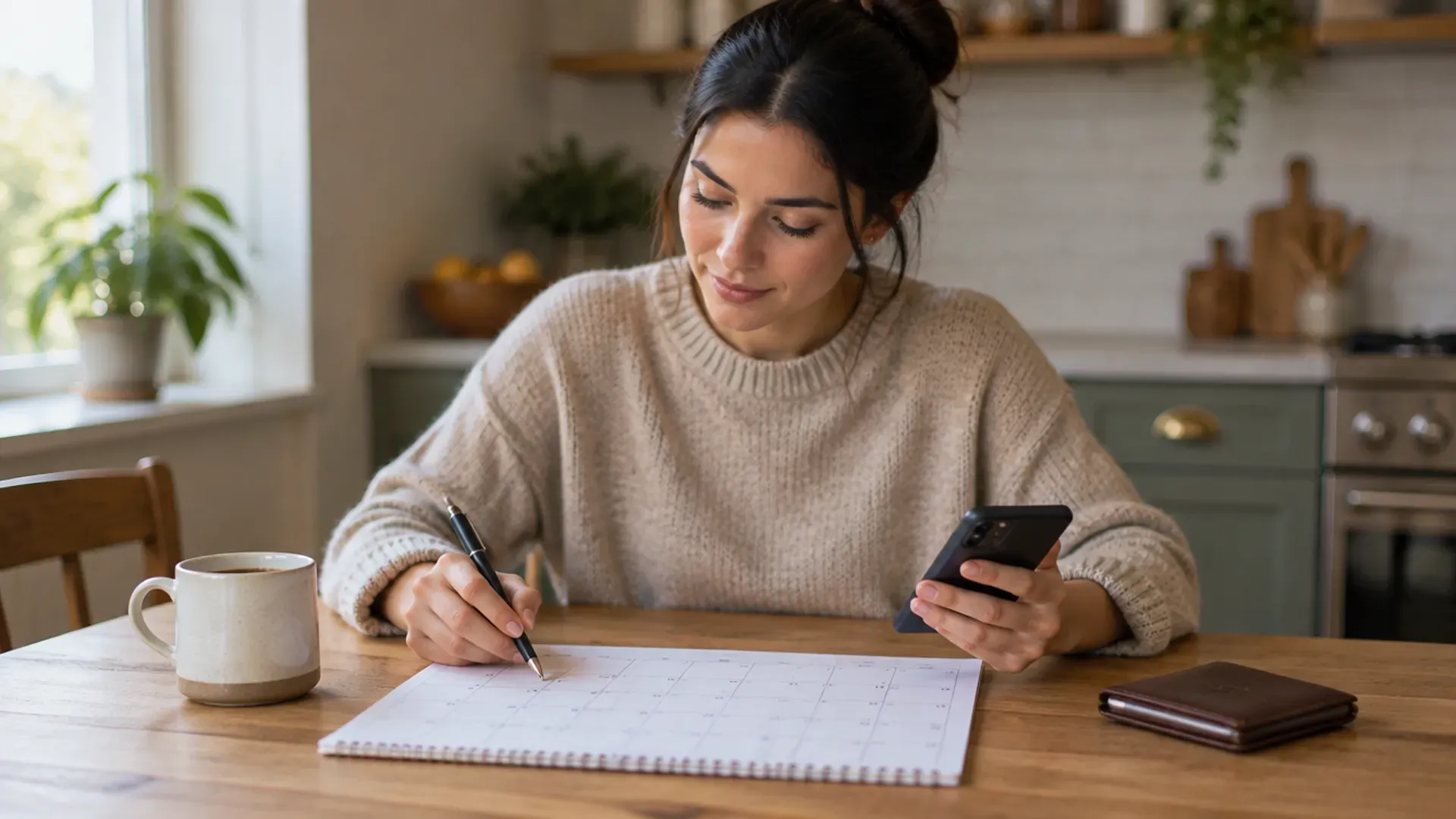 Person at a wooden kitchen table checking a wall calendar with a pen, holding a phone, next to a coffee mug and a wallet