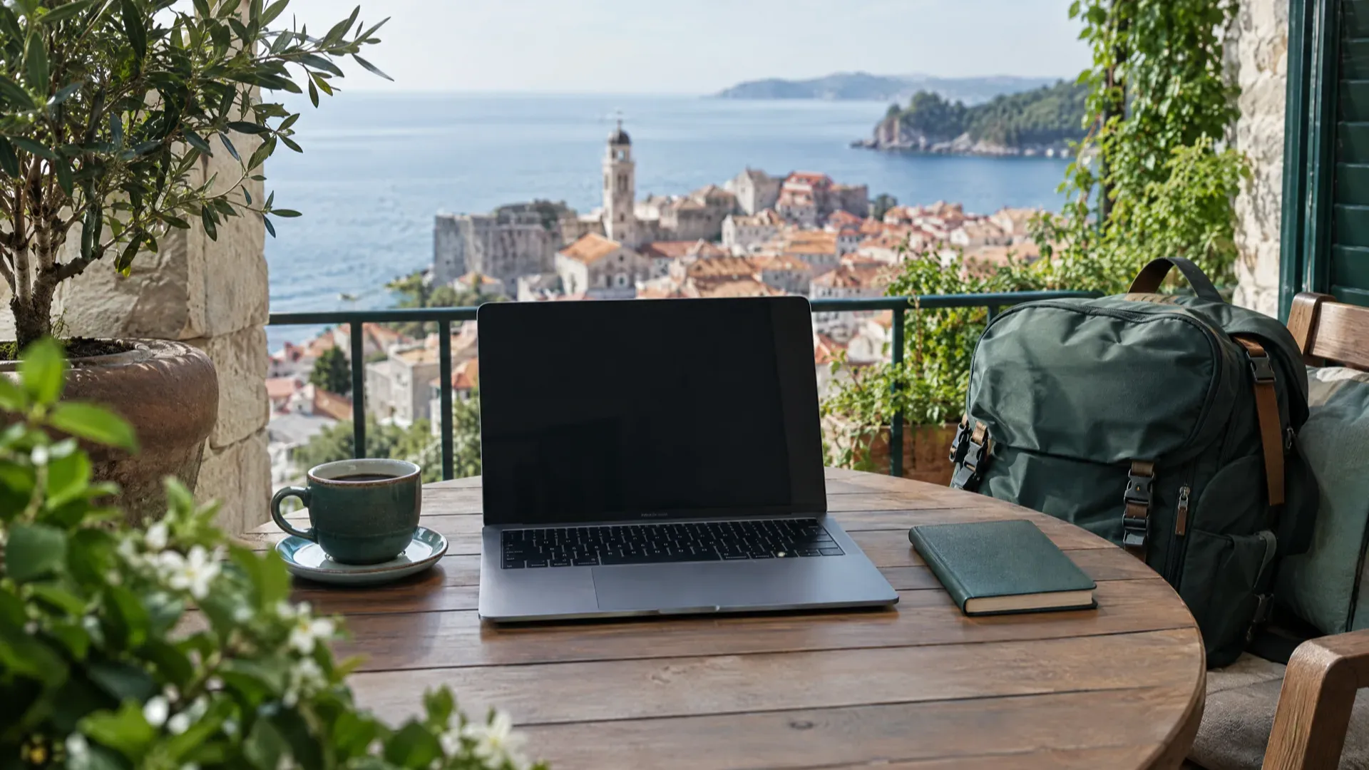 Laptop, coffee cup, notebook and backpack on a wooden table on a balcony overlooking a coastal old town and the sea