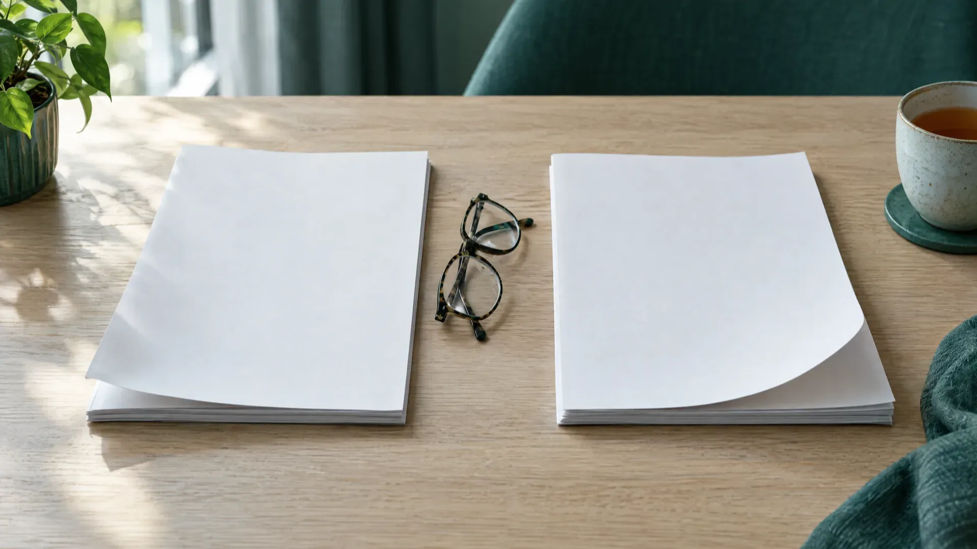 Two blank paper reports side by side on a light oak table, with reading glasses between them and a cup of tea