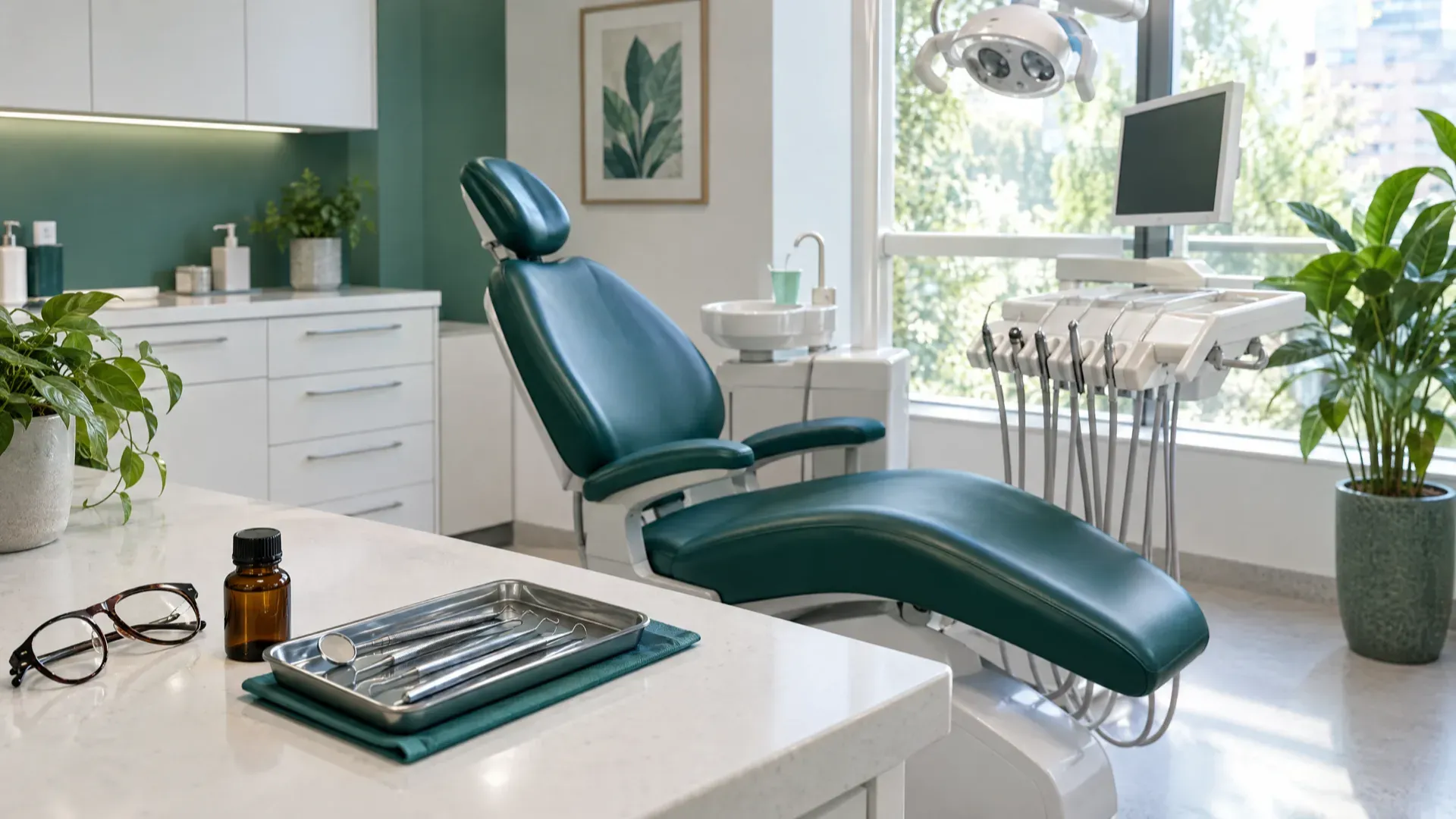 A bright dental clinic with an empty teal dental chair, a tray of instruments, eyeglasses and a small amber bottle on the counter