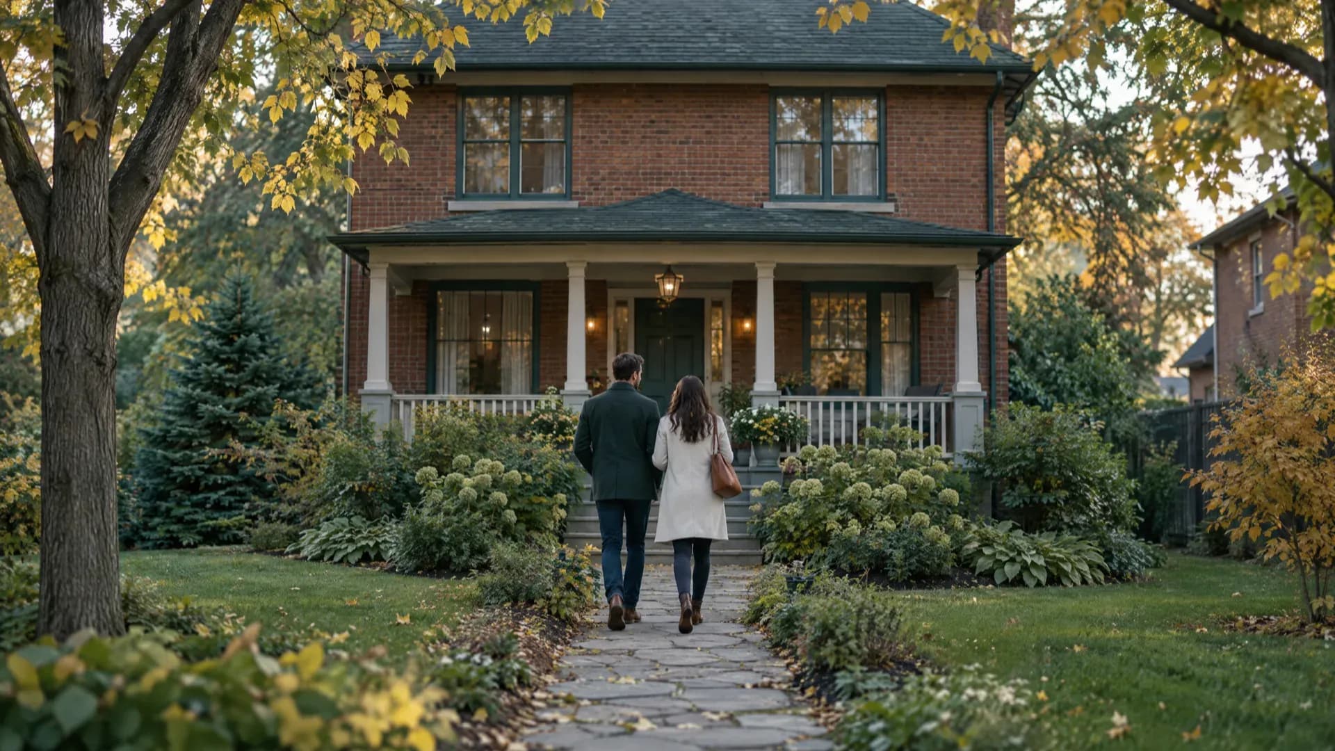 A couple walking up a stone path toward a red-brick house with a covered front porch in early autumn