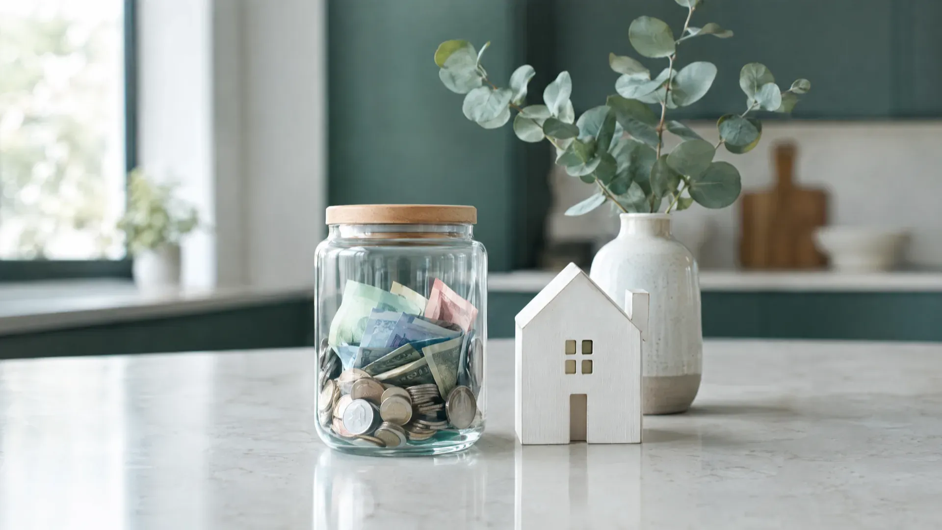 Glass savings jar filled with coins and banknotes next to a small white wooden house on a kitchen counter
