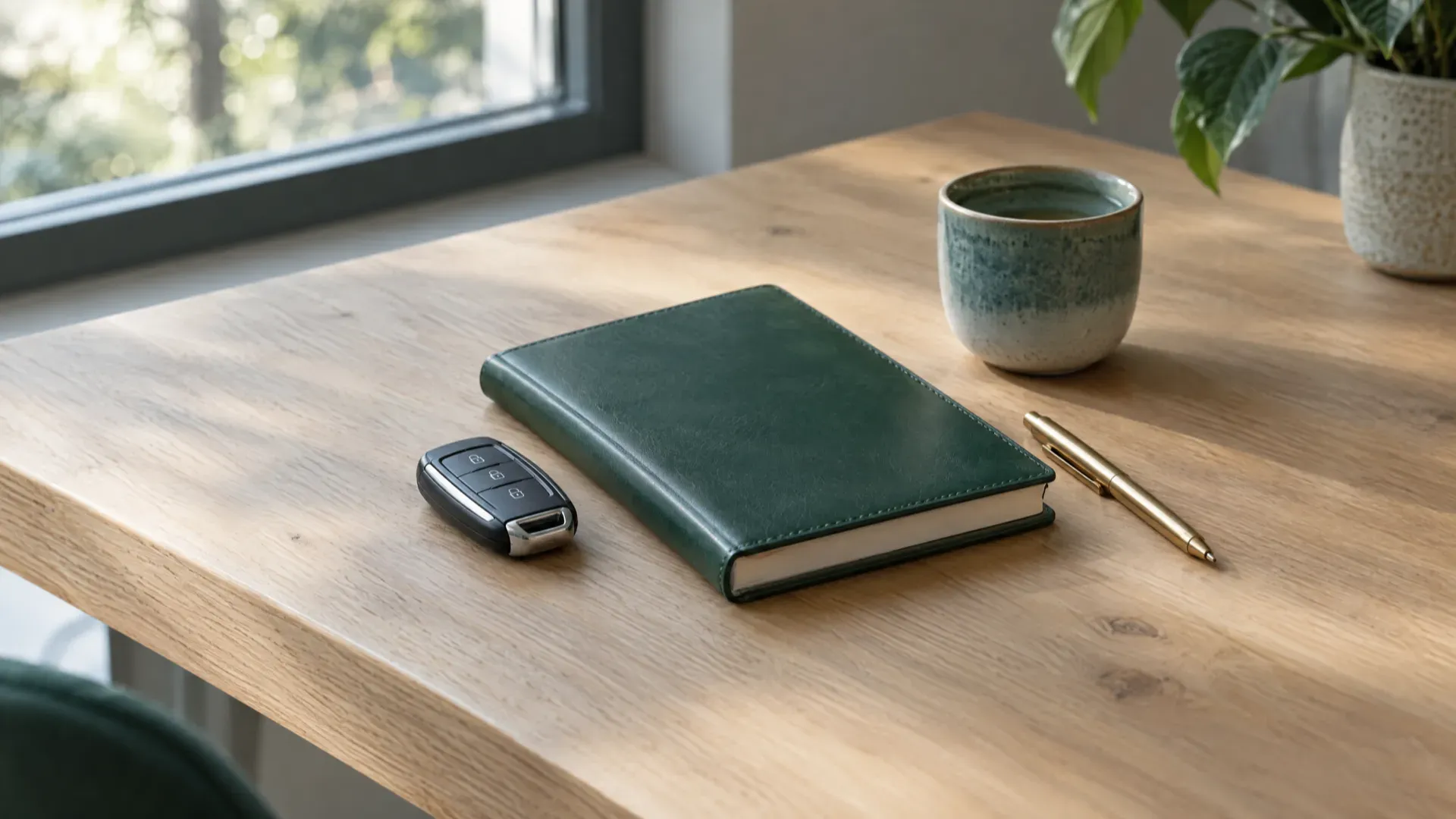 Car key fob, green leather notebook, brass pen and ceramic cup on a wooden table by a window