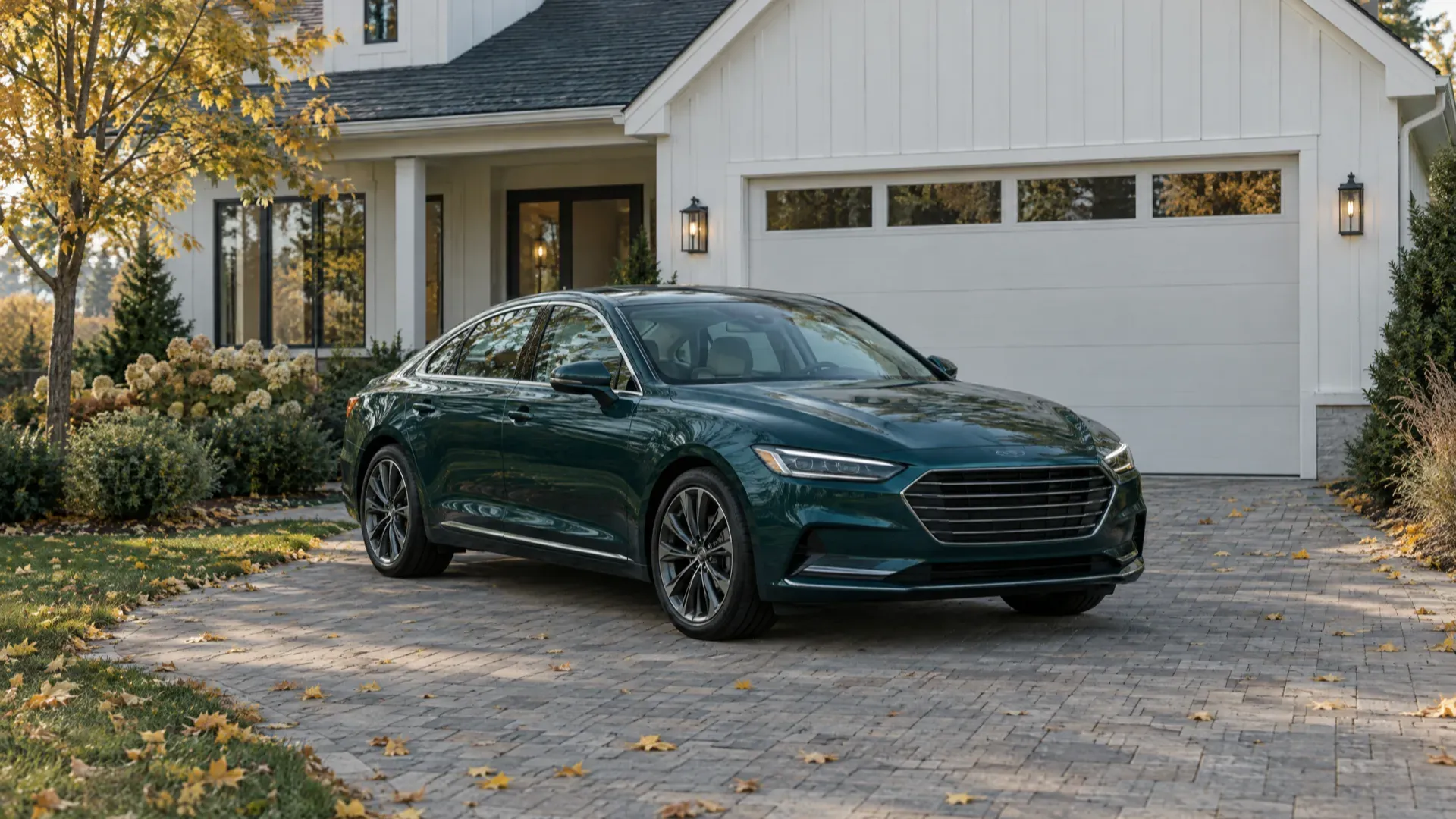 Dark teal sedan parked in the driveway of a white suburban house with autumn leaves