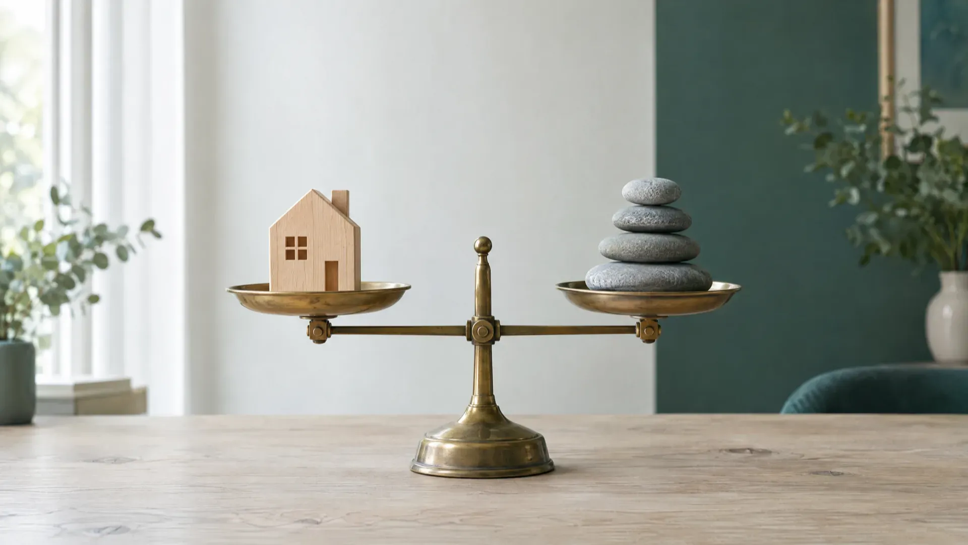 Brass balance scale holding a small wooden house on one side and a stack of grey stones on the other
