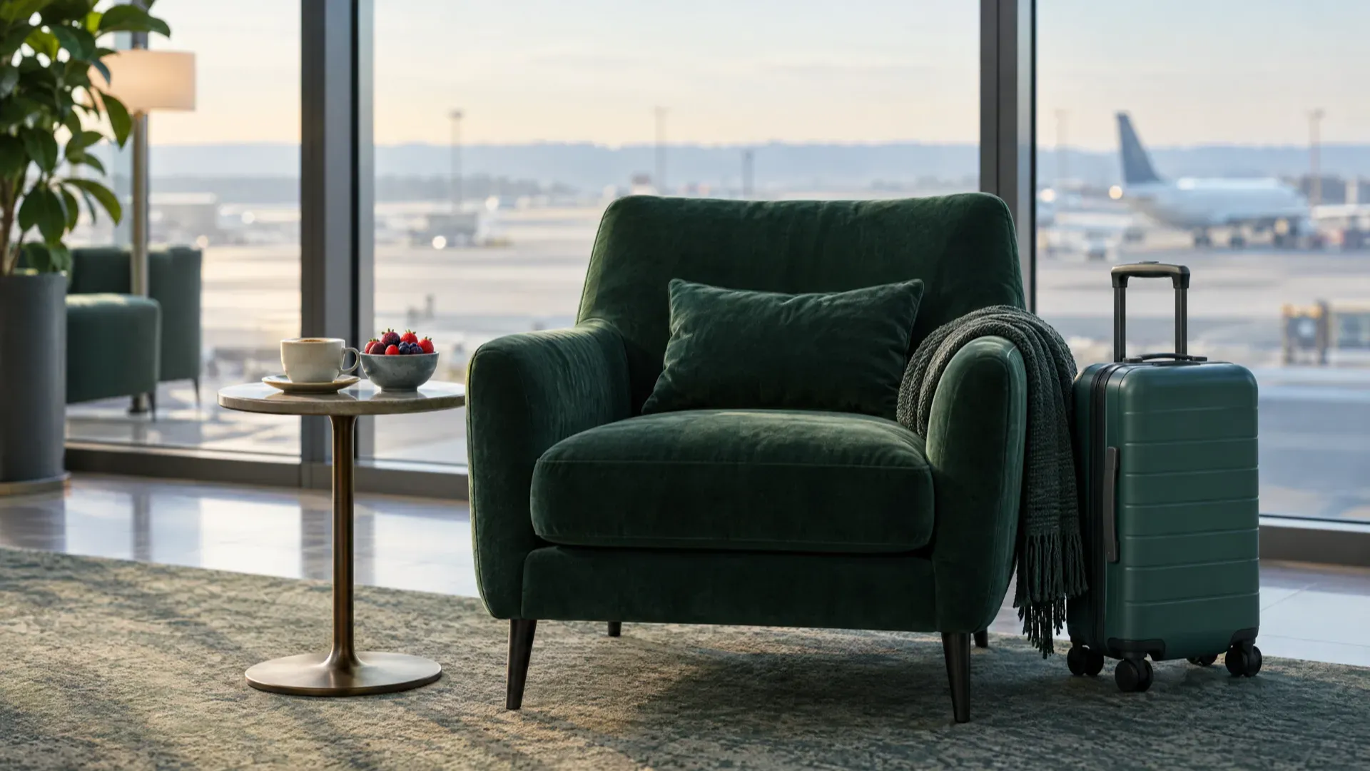 Dark green velvet armchair beside a side table with coffee and berries and a teal carry-on suitcase, in an airport lounge overlooking the tarmac