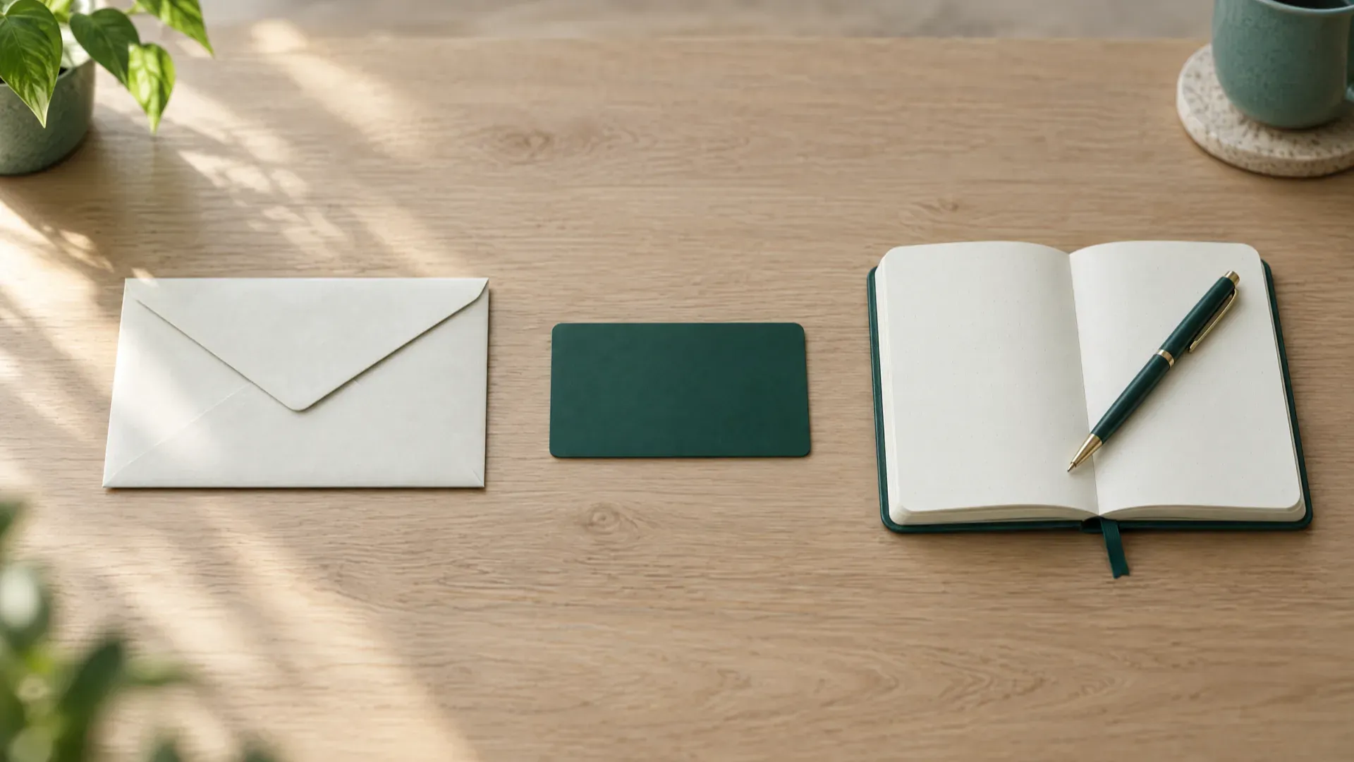 An envelope, a plain green card and an open notebook with a pen laid side by side on a light wooden table