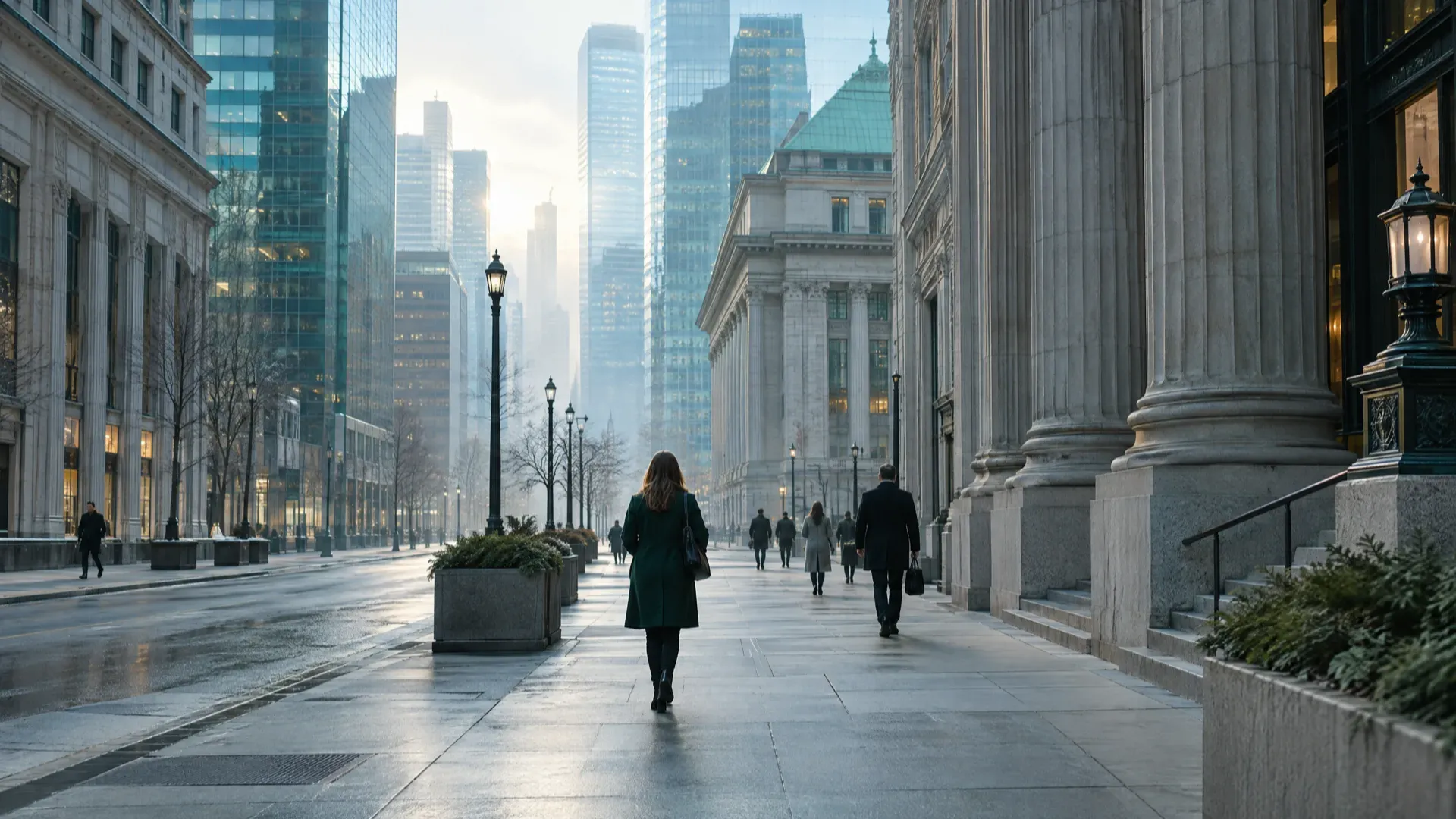 A woman in a green coat walking along a wide downtown sidewalk lined with stone-columned bank buildings and glass towers on a misty morning