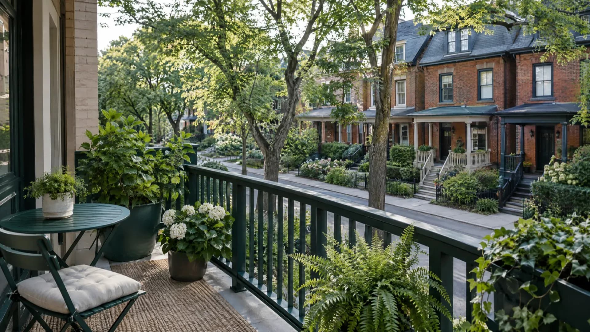 Apartment balcony with plants and a bistro chair overlooking a tree-lined street of brick row houses