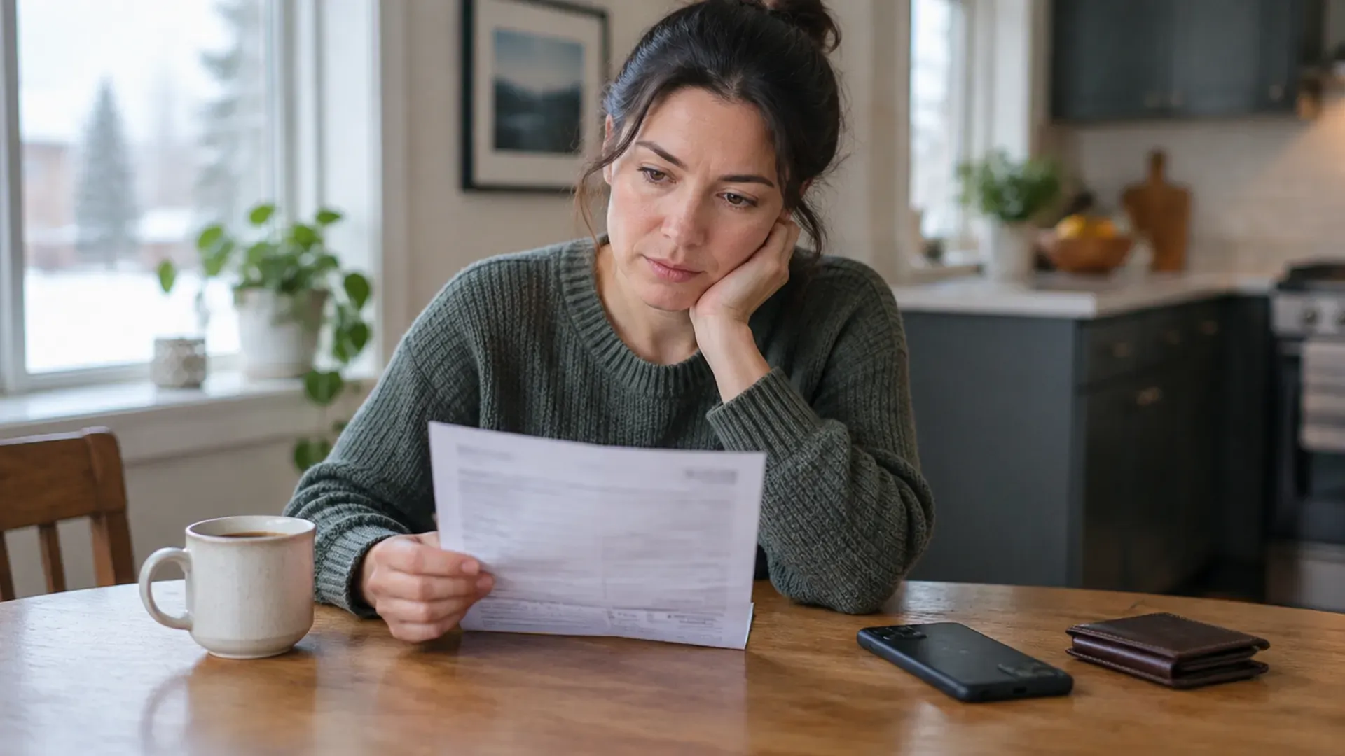 Person at a wooden kitchen table looking over a paper bill, with a smartphone face down, a wallet and a coffee mug in soft window light