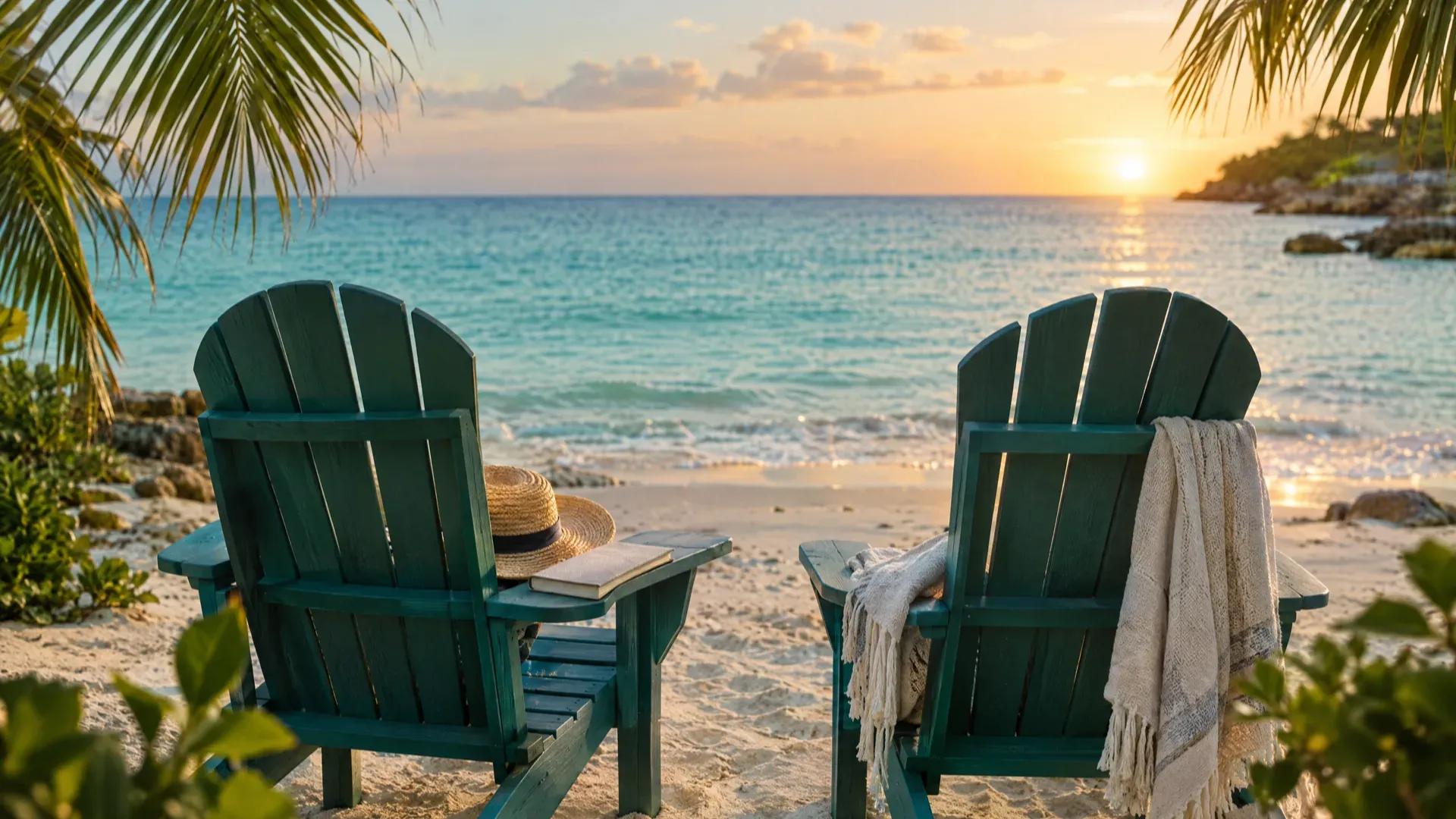 Two empty green Adirondack chairs on a sandy beach at sunset, with a straw hat, a book and a blanket, facing turquoise water