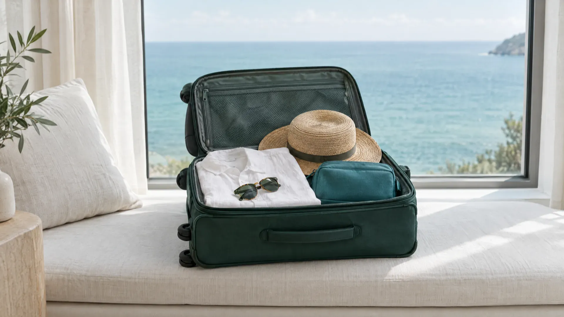 Open green carry-on suitcase with a white shirt, straw hat, sunglasses and a teal pouch on a window bench overlooking the sea