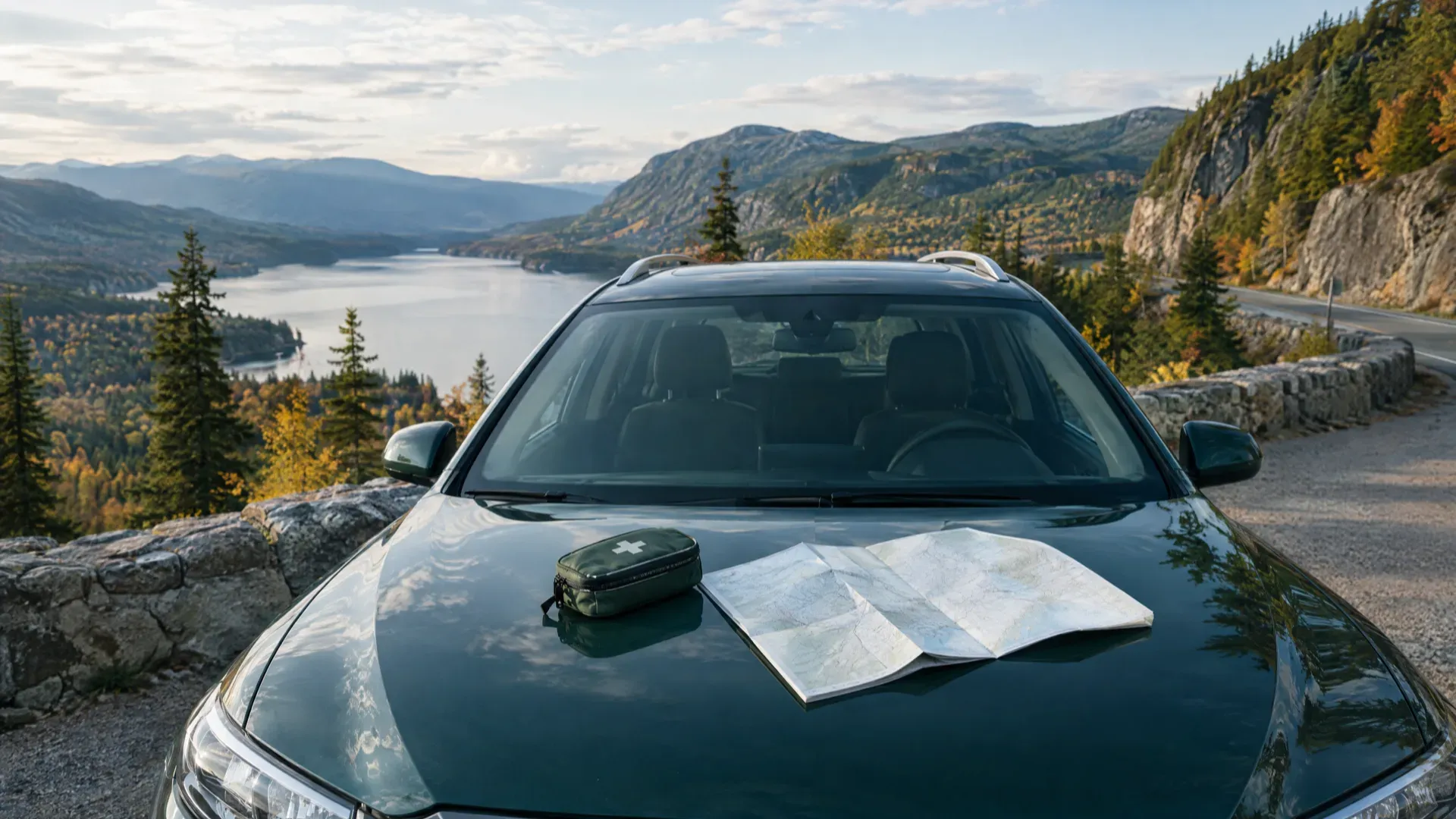 Car parked at a scenic lookout above a lake and autumn forest, with a first-aid kit and a folded paper map on the hood