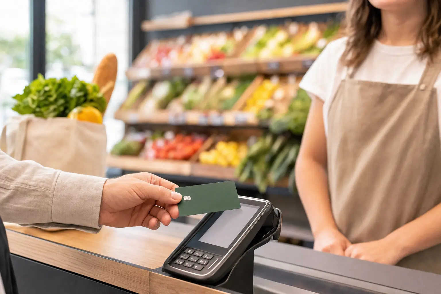Client qui paie par carte à la caisse d’une épicerie