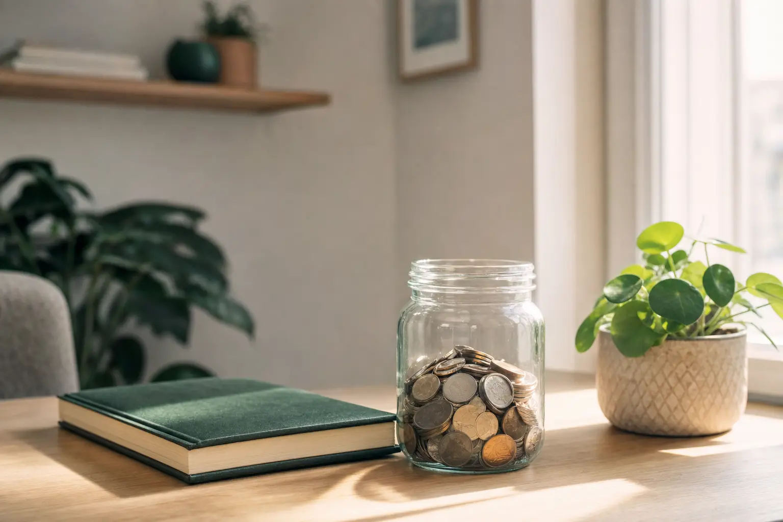 Pot de pièces de monnaie et carnet sur un bureau dans une lumière douce du matin