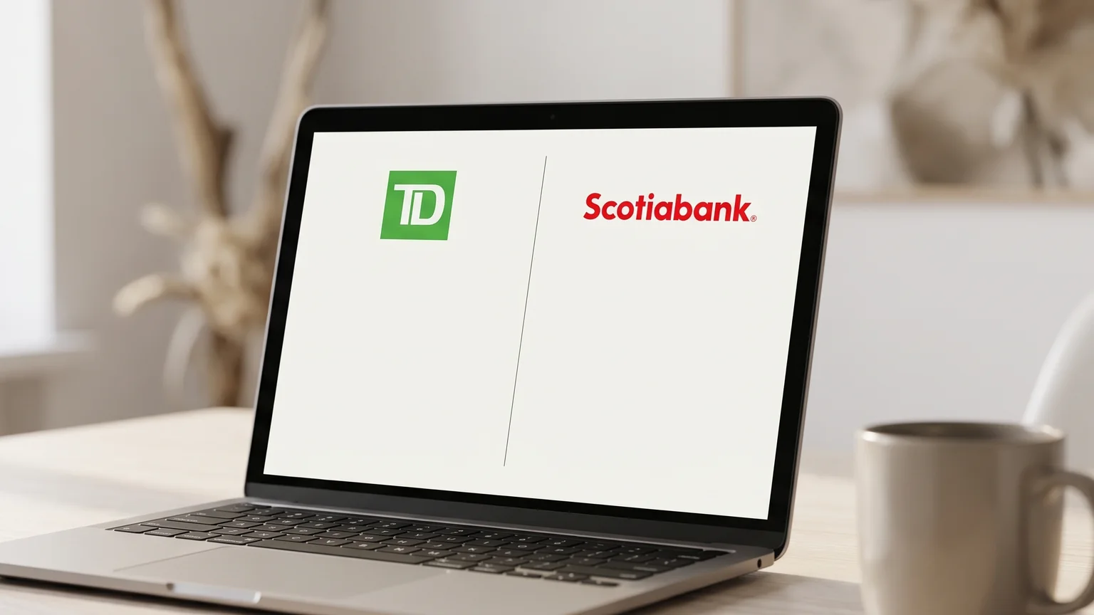A laptop comparing the TD and Scotiabank brokerage platforms side by side