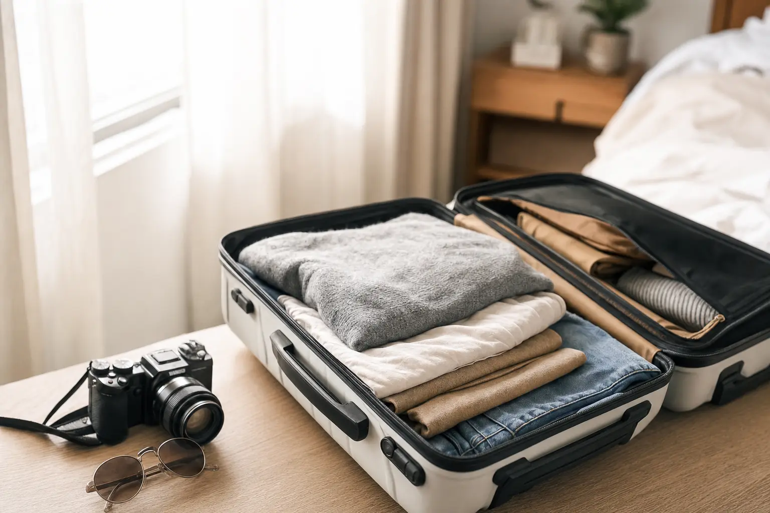 Valise ouverte en cours de préparation près d’une fenêtre